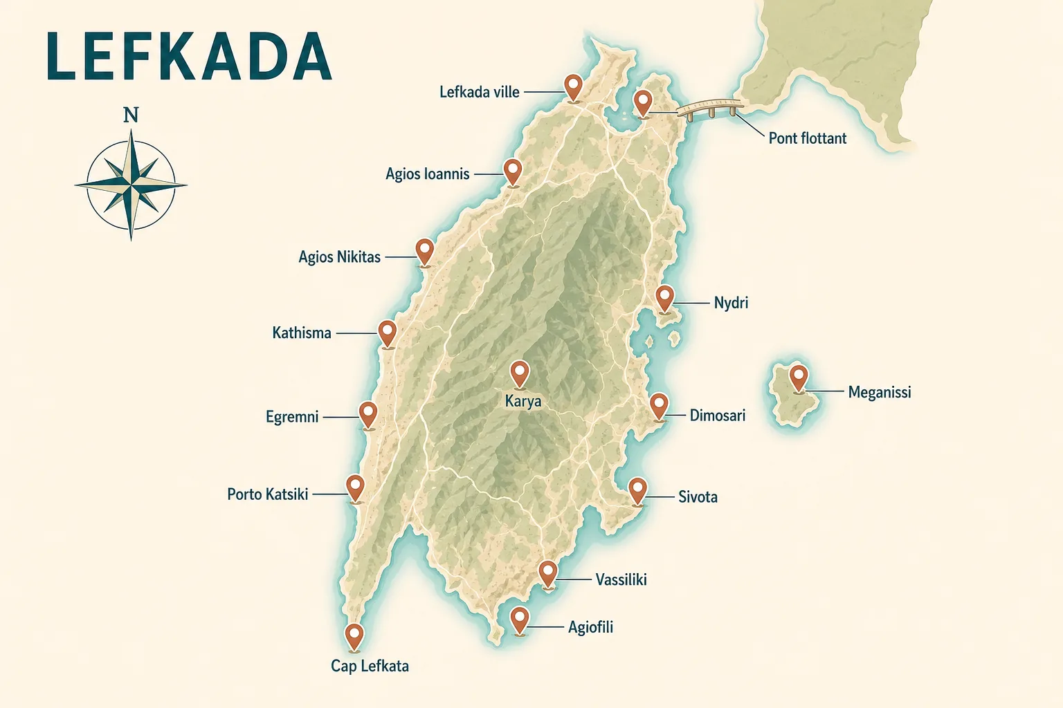 Carte touristique de Lefkada situant Lefkada ville et le pont flottant, Agios Ioannis, Agios Nikitas, Kathisma, Egremni, Porto Katsiki, le cap Lefkata, Vassiliki, Agiofili, Nydri, Dimosari, Sivota, Karya et l'île de Meganissi