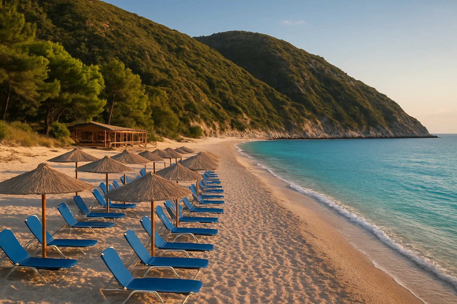 Les transats et parasols alignés sur le sable clair de la plage de Kathisma, côte ouest de Lefkada