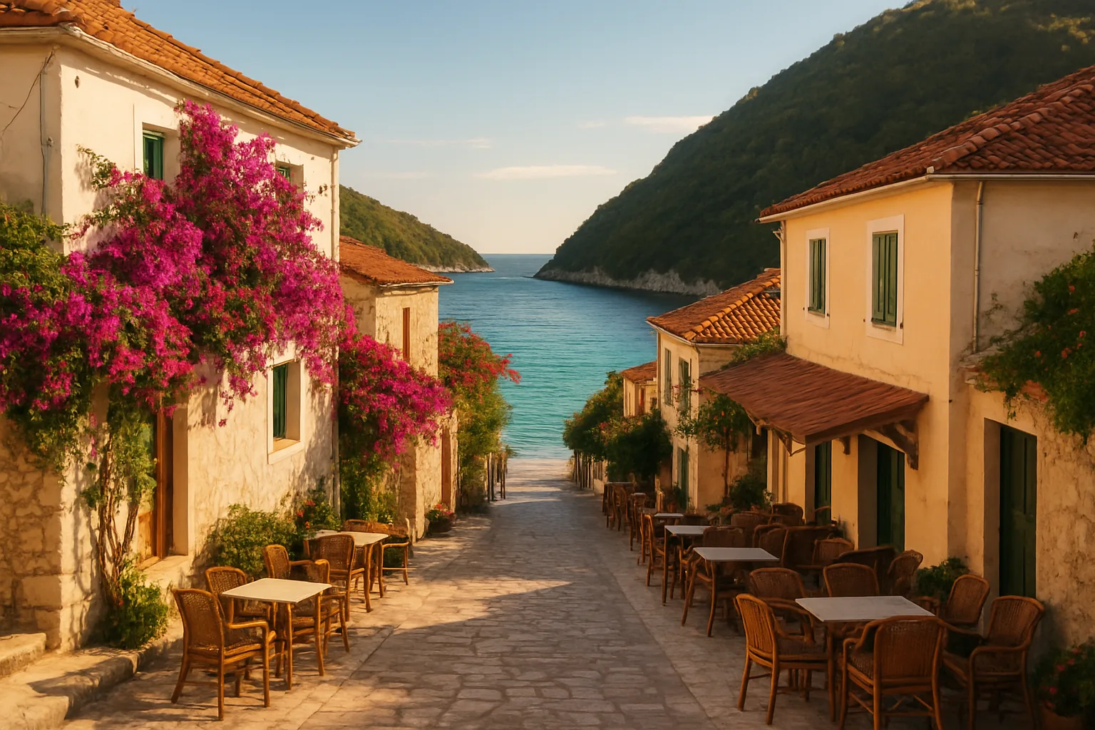 La ruelle centrale et les maisons blanches du village de pêcheurs d'Agios Nikitas, sur la côte ouest de Lefkada