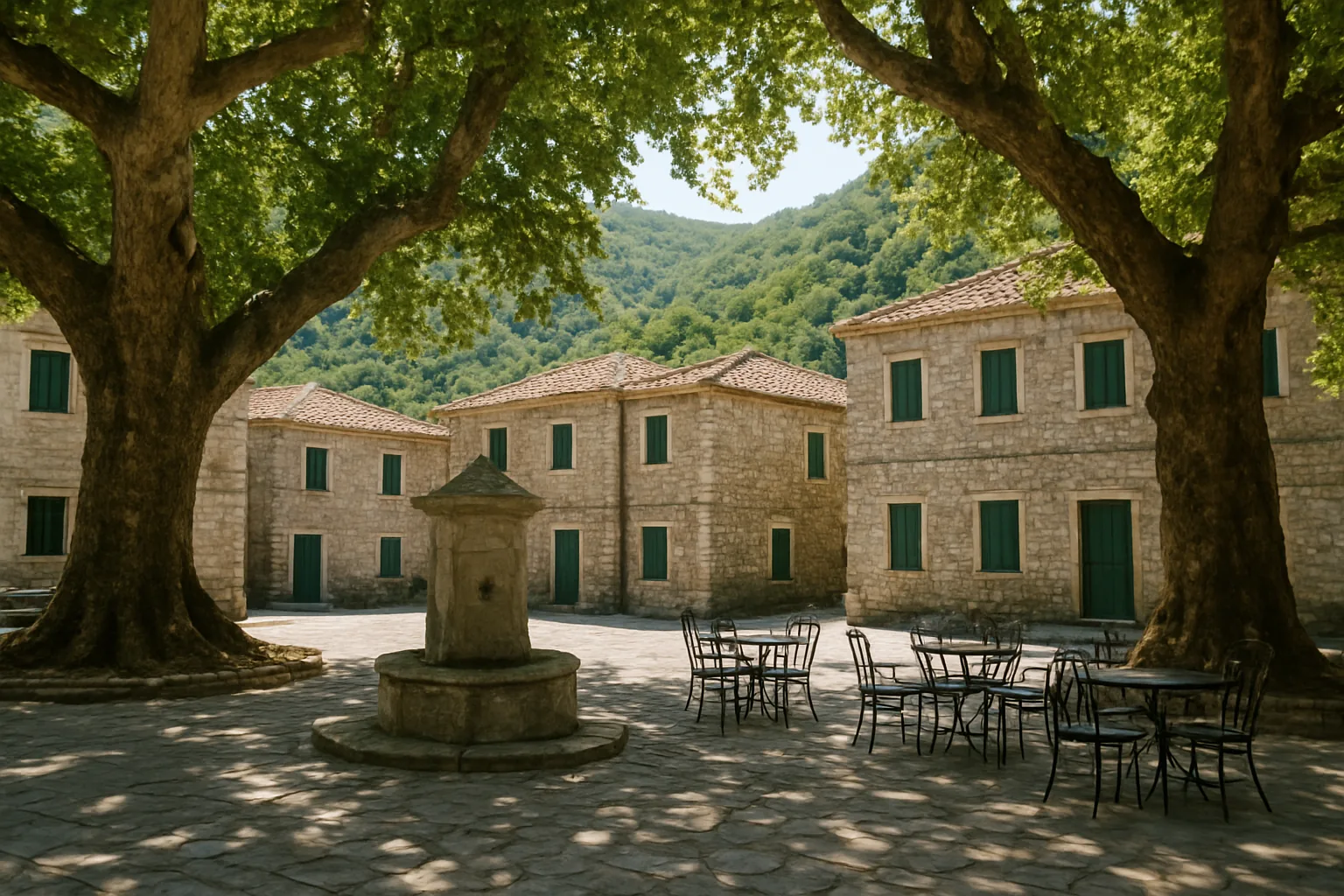 Les maisons de pierre et les ruelles ombragées du village de montagne de Karya, à l'intérieur de Lefkada