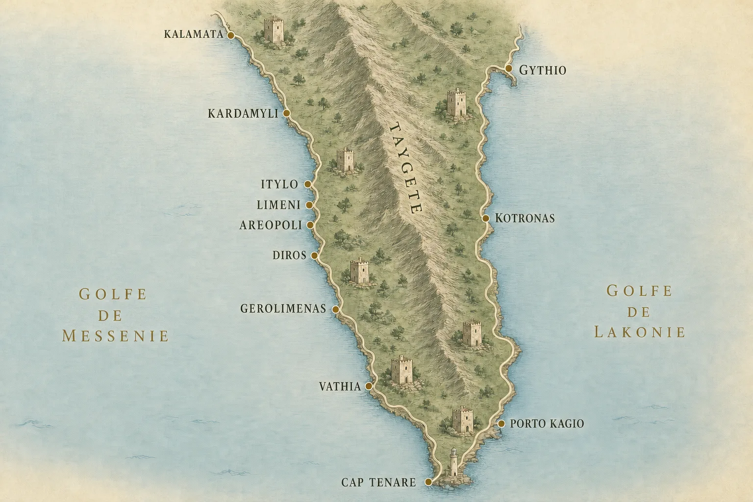 Carte illustrée du Magne : Kalamata, Kardamyli, Itylo, Limeni, Aréopoli, Diros, Gerolimenas, Vathia, le cap Ténare, Porto Kagio, Kotronas et Gythio, reliés par la route côtière