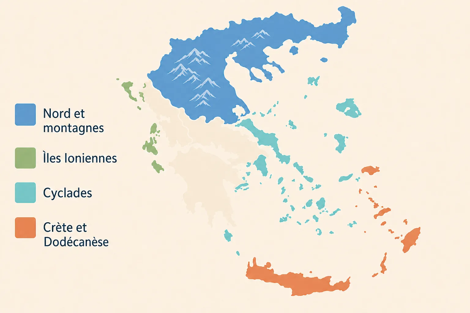 Carte des quatre zones climatiques de la Grèce : nord et montagnes, îles Ioniennes, Cyclades, Crète et Dodécanèse