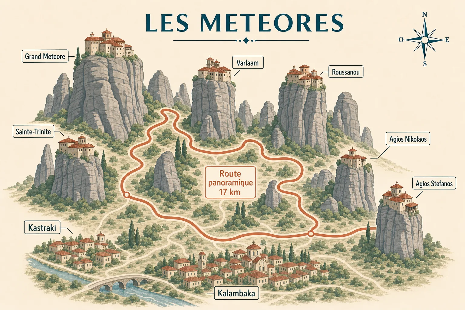 Carte touristique des Météores situant Kalambaka, Kastraki, la route panoramique de 17 km et les six monastères : Grand Météore, Varlaam, Roussanou, Sainte-Trinité, Agios Nikolaos et Agios Stefanos