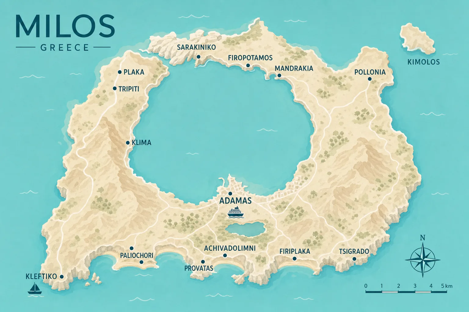 Carte touristique illustrée de Milos situant le port d'Adamas, Plaka et Tripiti, Sarakiniko, les villages de Klima, Firopotamos et Mandrakia, les plages de Firiplaka, Tsigrado, Paliochori et Provatas, Pollonia face à Kimolos et le site de Kleftiko au sud-ouest