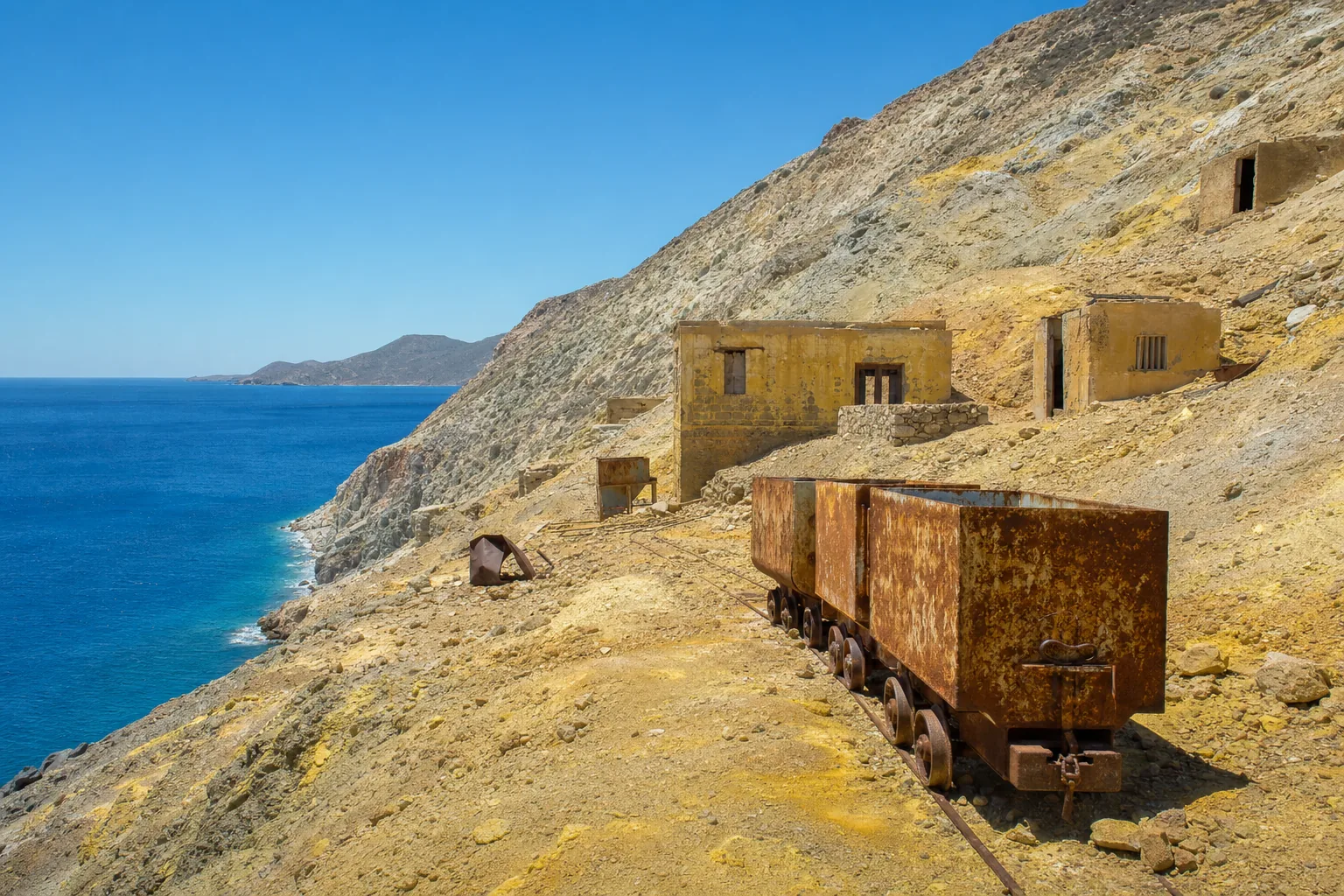 Wagonnets rouillés et bâtiments ocre des mines de soufre abandonnées de Thiorichia, sur une colline jaune de soufre dominant la mer à Milos