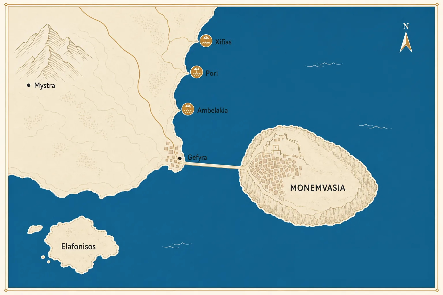 Carte illustrée de Monemvasia et de la Laconie : le rocher et sa digue, le village de Gefyra, les plages d'Ambelakia, Pori et Xifias, l'île d'Elafonisos et Mystra