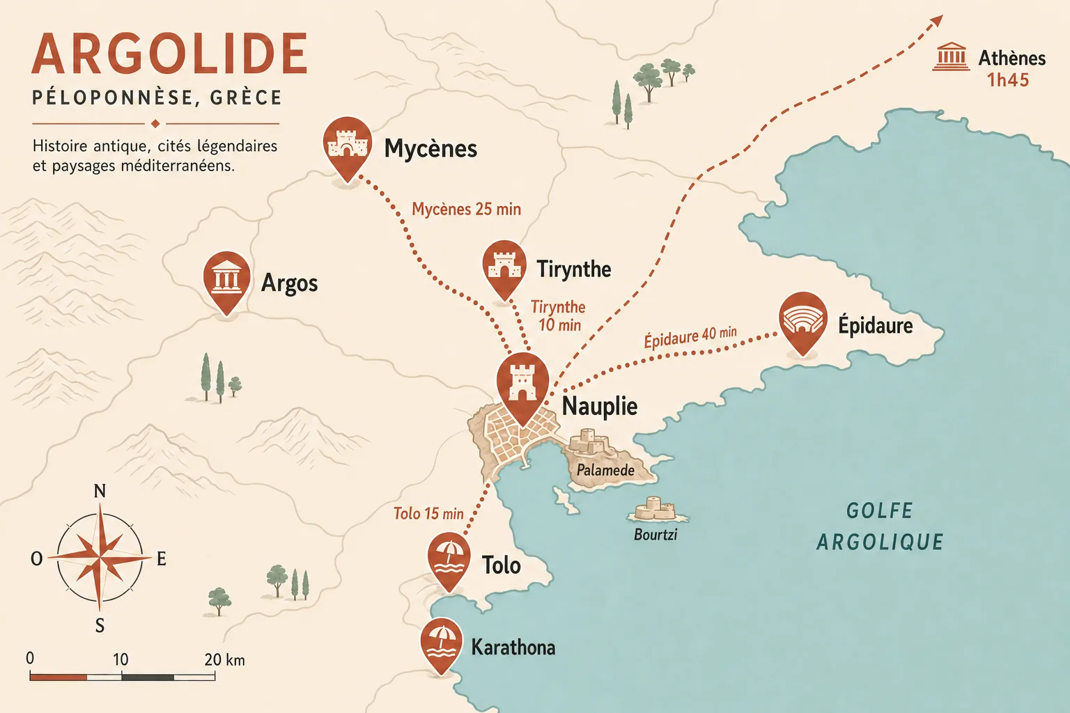 Carte de l'Argolide situant Nauplie, la forteresse de Palamède et le Bourtzi, avec les temps de trajet vers Mycènes, Tirynthe, Épidaure, Argos, Tolo, Karathona et Athènes