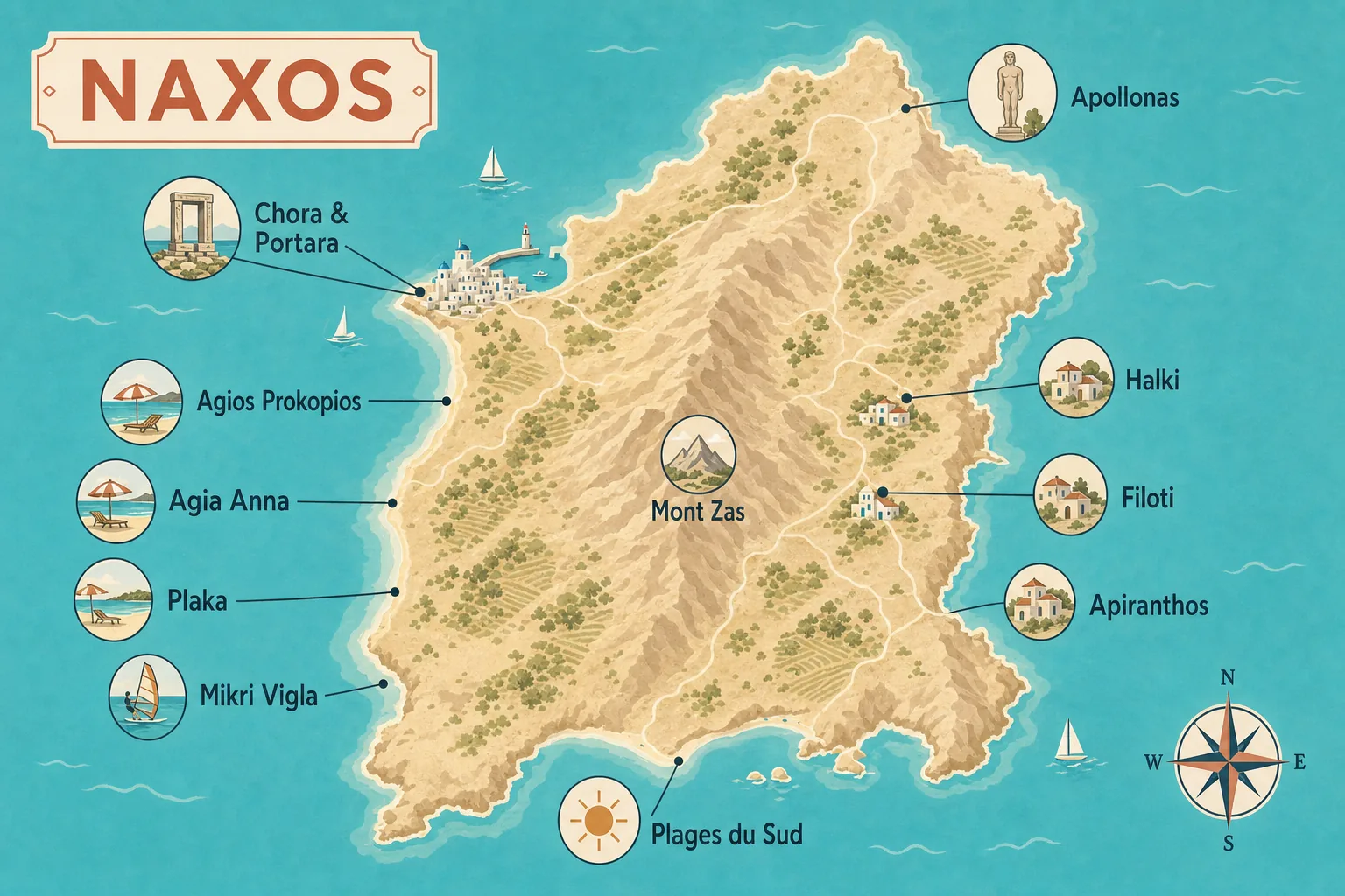 Carte touristique illustrée de Naxos situant la Chora et la Portara, les plages d'Agios Prokopios, Agia Anna, Plaka et Mikri Vigla, le mont Zas, les villages de Halki, Filoti et Apiranthos, le kouros d'Apollonas et les plages du sud