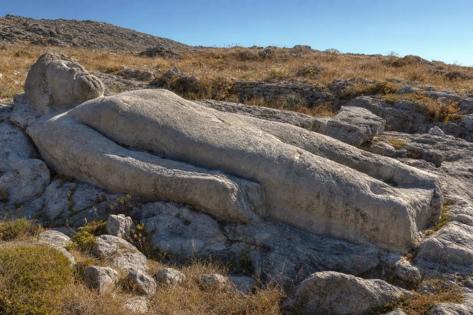 Statue de kouros géant en marbre couchée et inachevée dans une ancienne carrière de Naxos