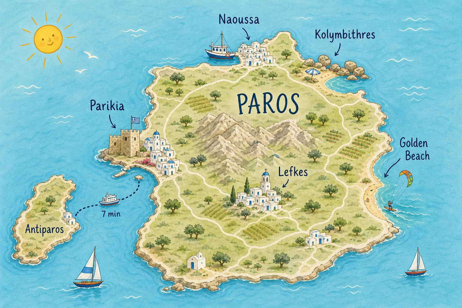 Carte touristique illustrée de Paros situant Parikia et le Kastro, Naoussa, la plage de Kolymbithres, Golden Beach, le village de Lefkes et l'île d'Antiparos