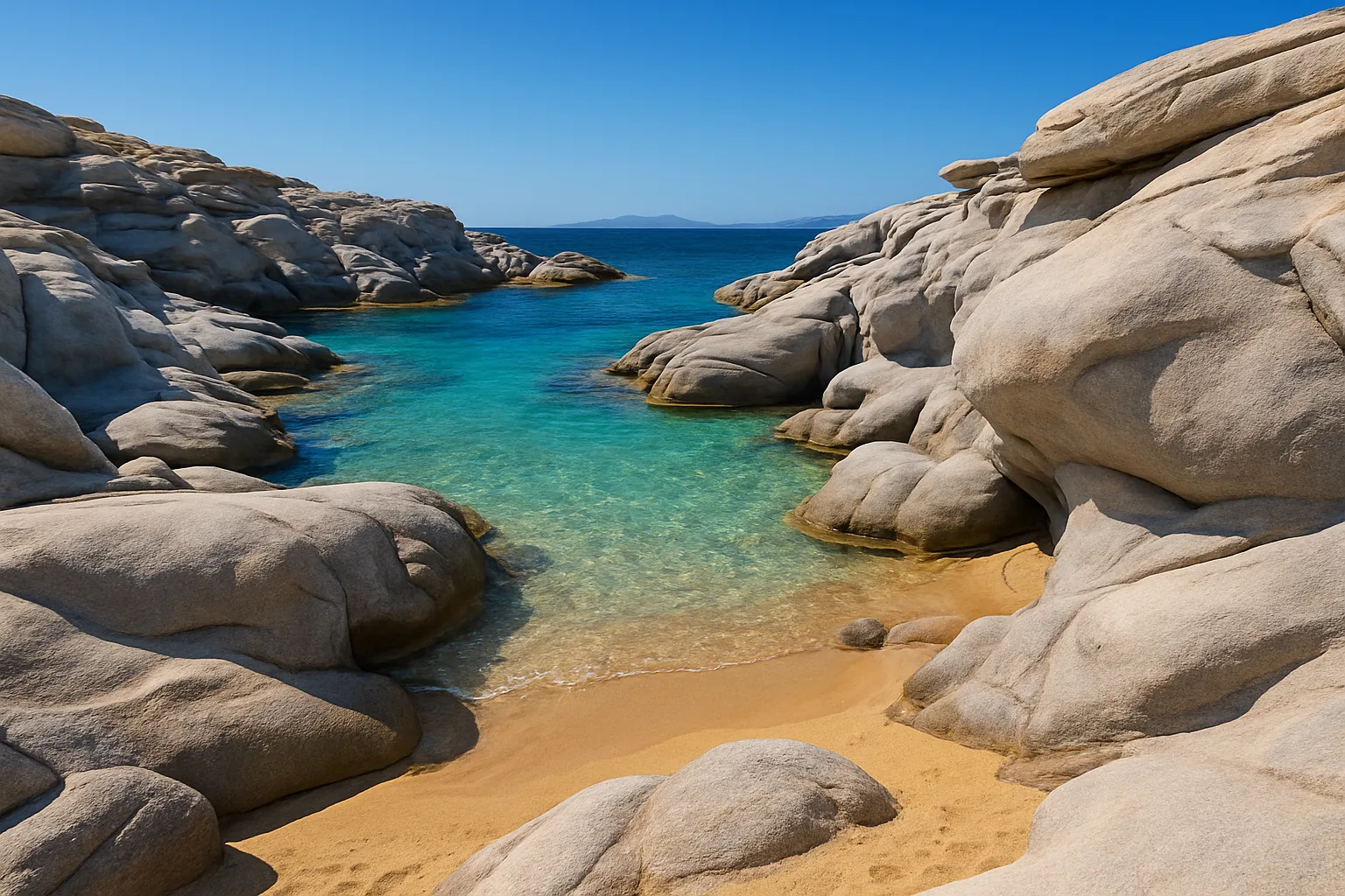Rochers de granit arrondis et eau turquoise formant de petites criques à la plage de Kolymbithres, au nord de Paros