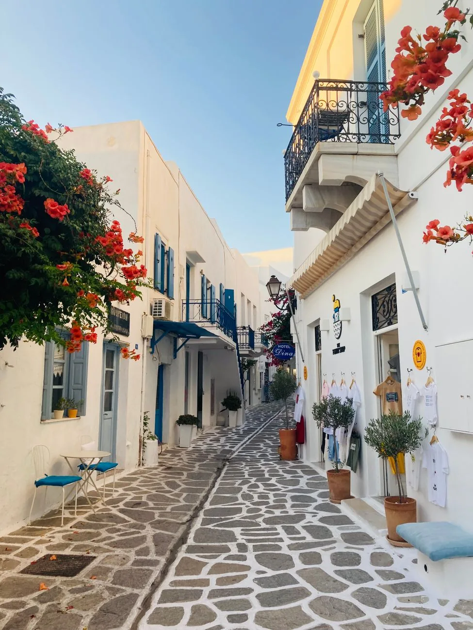 Ruelle fleurie de bougainvillées et maisons blanches dans la vieille ville de Parikia, à Paros