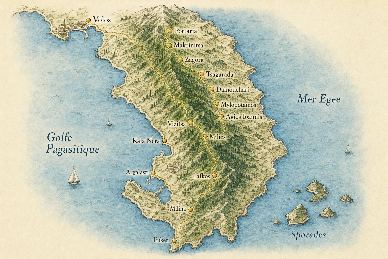 Carte illustrée du Pélion : Volos, Portaria, Makrinitsa, Zagora, Tsagarada, Damouchari, Mylopotamos, Vizitsa, Milies, Argalasti, Milina et Trikeri, entre le golfe Pagasitique et la mer Égée
