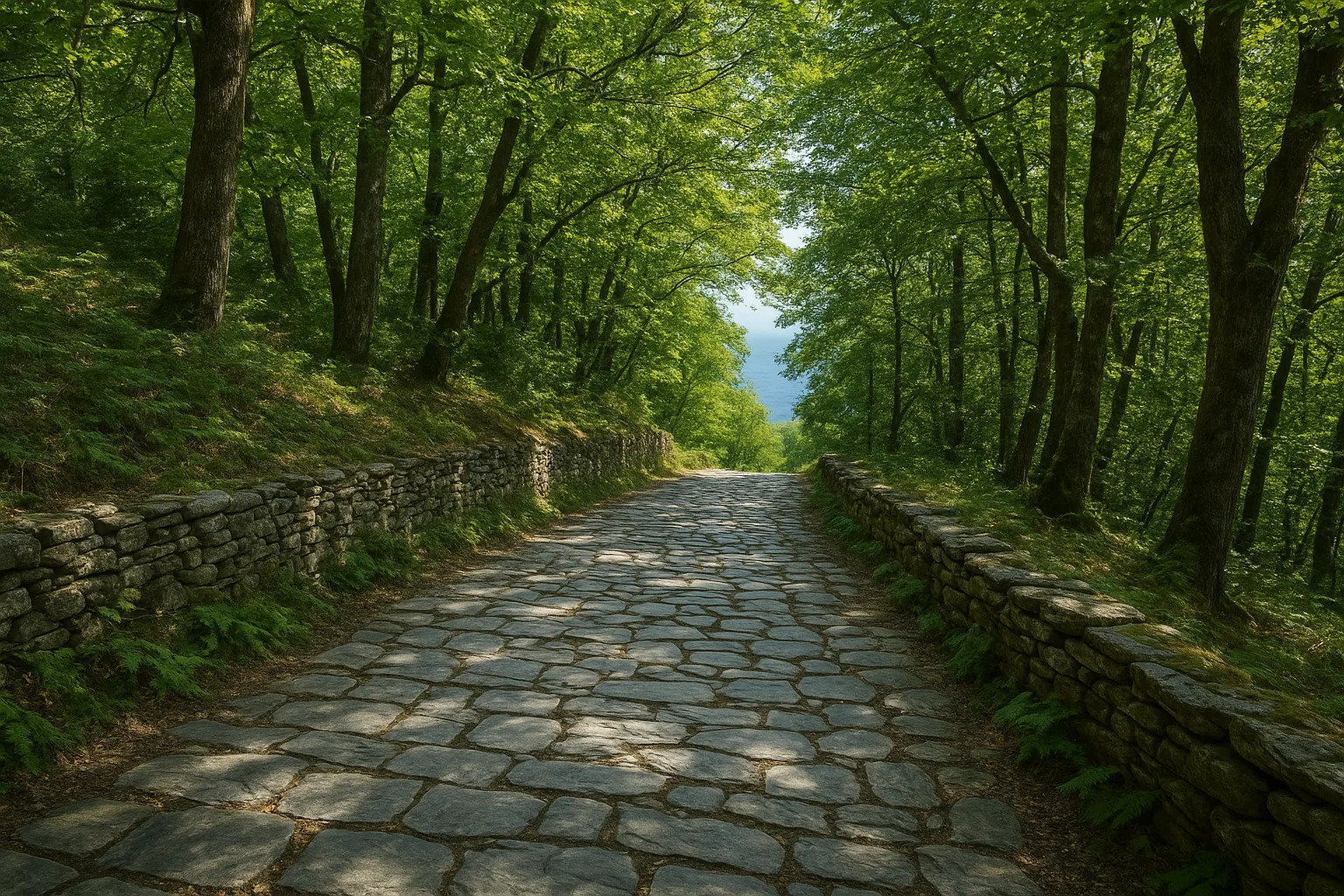Kalderimi du Pélion, chemin pavé de pierres polies serpentant sous les hêtres et les châtaigniers du massif