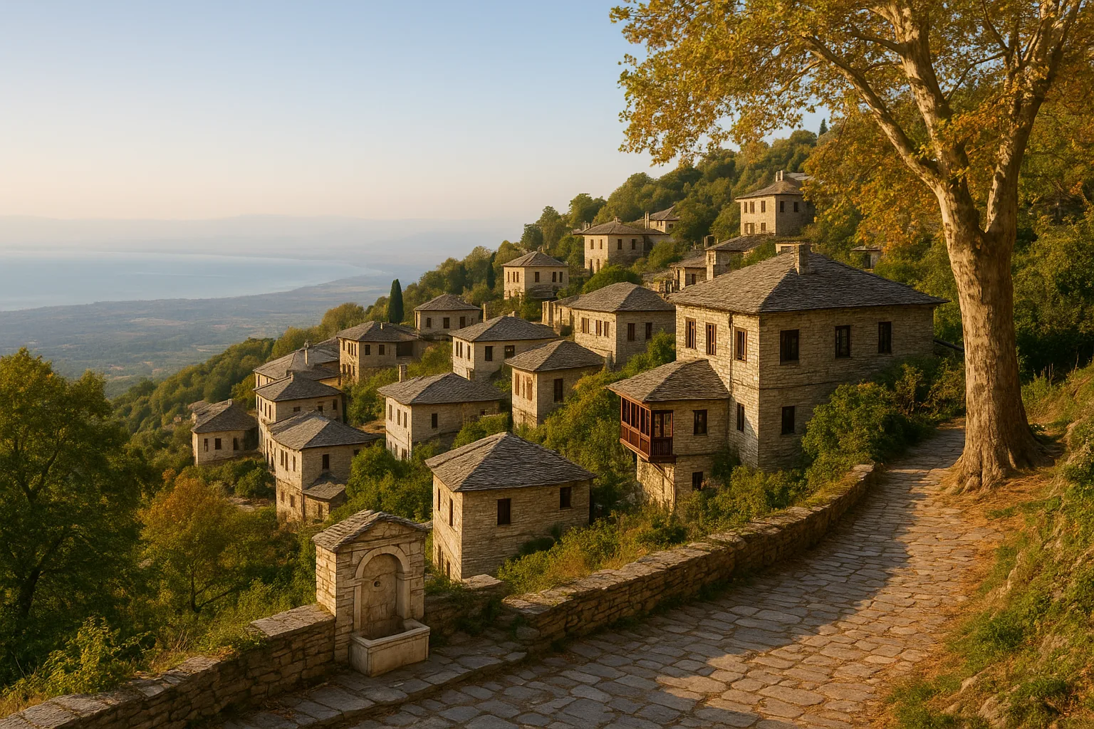 Maisons de pierre de Makrinitsa accrochées à la pente du Pélion, au dessus du golfe Pagasitique et de Volos