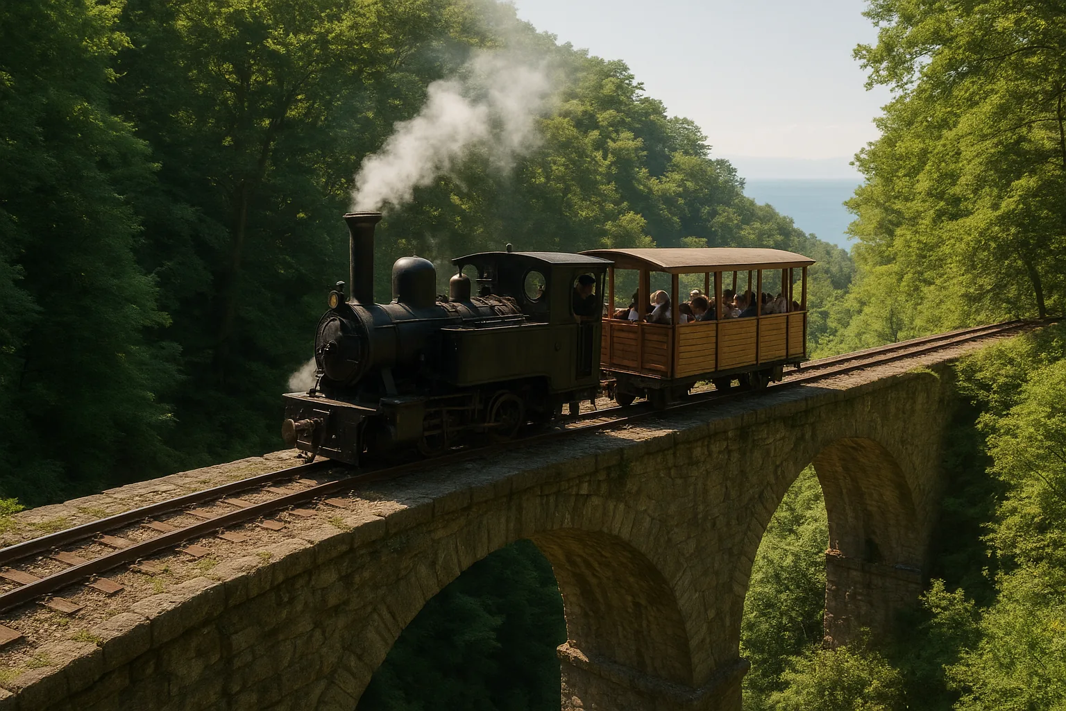 Petit train à vapeur du Pélion, le Moutzouris, sur sa voie étroite au milieu de la forêt entre Ano Lechonia et Milies