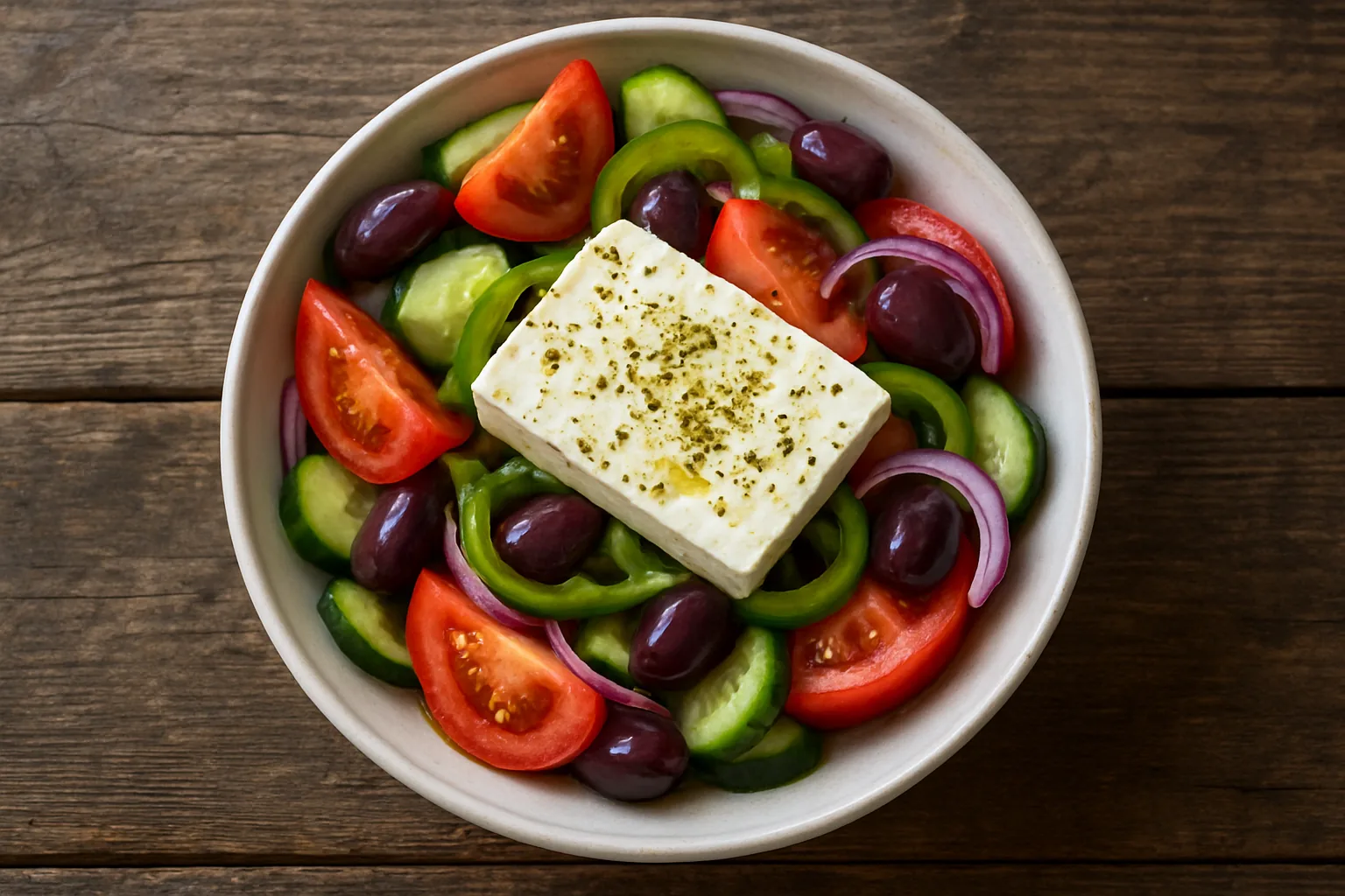 Salade grecque horiatiki vue de dessus : gros quartiers de tomate, anneaux de poivron vert, concombre, oignon rouge et olives de Kalamata, surmontés d'un bloc de feta entier saupoudré d'origan