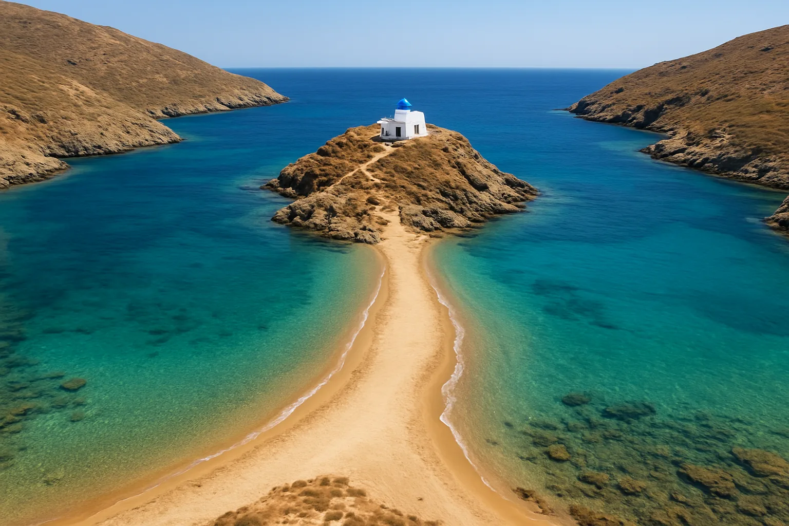 Une langue de sable entre deux criques turquoise, terminée par un promontoire rocheux et une petite chapelle blanche à coupole bleue, sur la côte de Sérifos