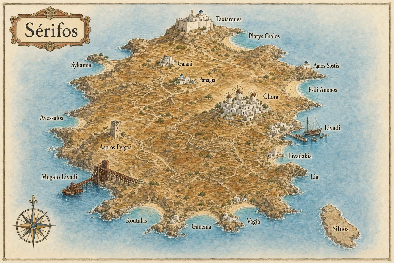 Carte touristique illustrée de Sérifos situant le port de Livadi et la Chora à l'est, les plages de Psili Ammos, Agios Sostis, Livadakia et Lia, le monastère des Taxiarques et les villages de Galani et Panagia au nord, Megalo Livadi, l'Aspros Pyrgos et Avessalos à l'ouest, Koutalas, Ganema et Vagia au sud