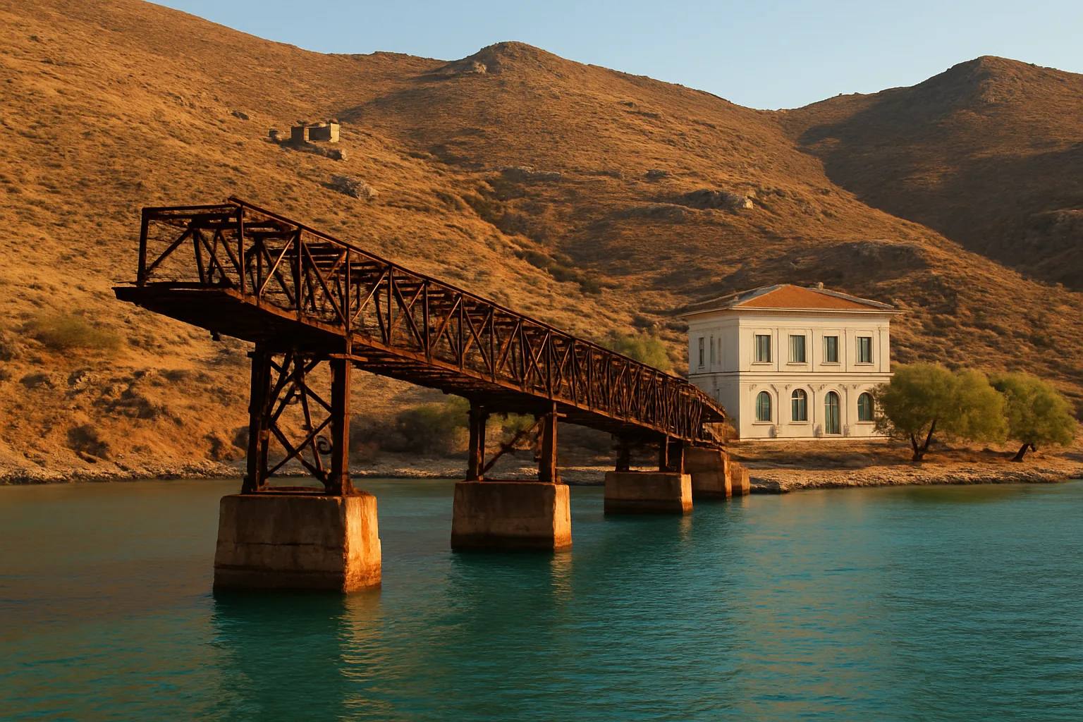 La baie de Megalo Livadi à Sérifos, avec l'ancienne rampe métallique de chargement du minerai de fer rouillée au-dessus de l'eau et le bâtiment néoclassique de la compagnie minière sur le rivage