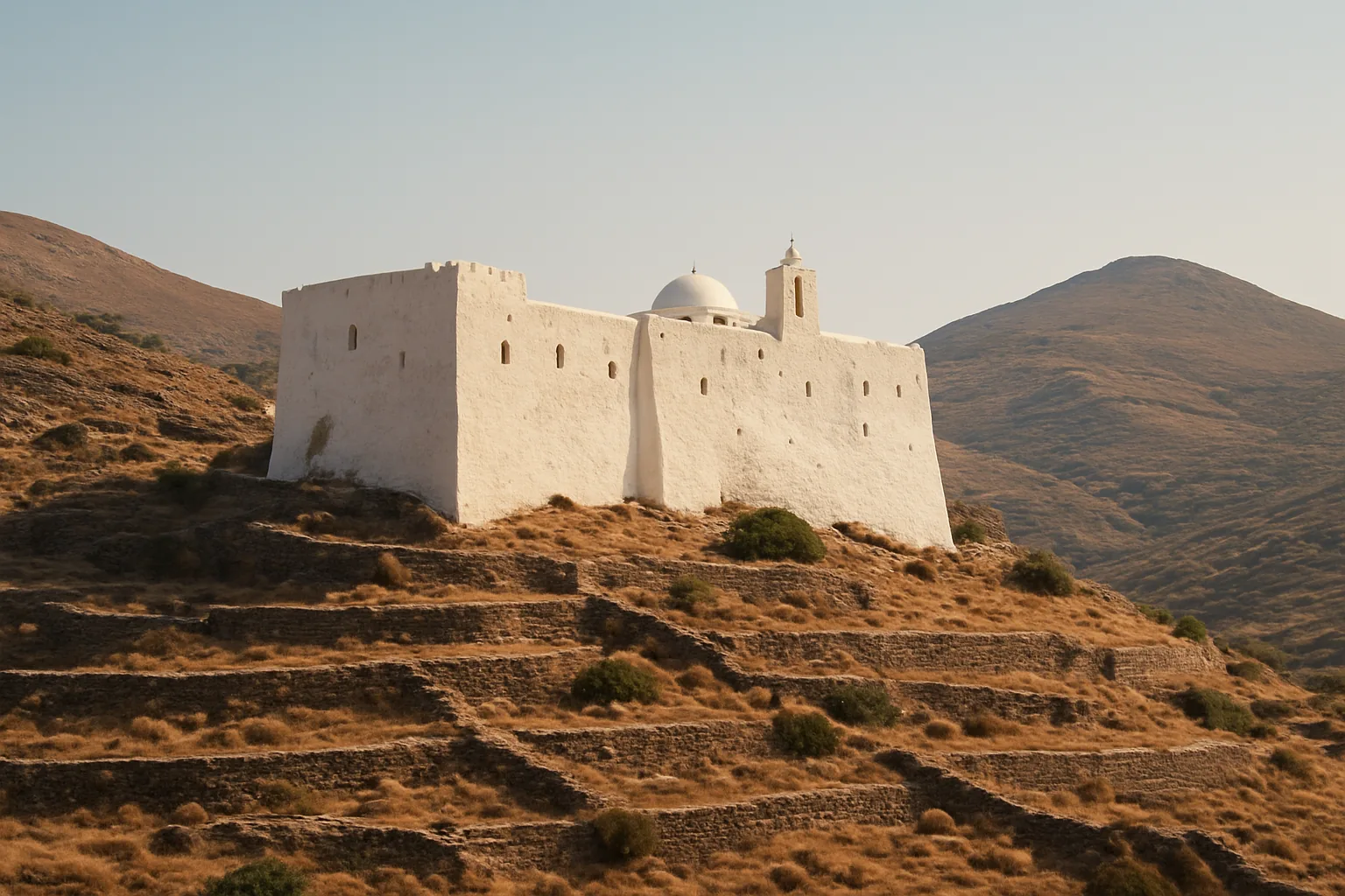 Le monastère des Taxiarques à Sérifos, bâtiment blanc fortifié aux murs aveugles avec un clocher et une coupole, au-dessus de terrasses de pierre sèche