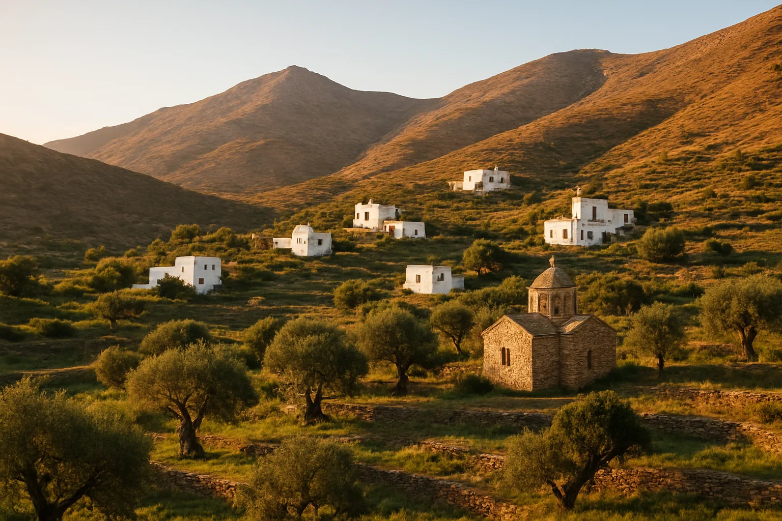 Maisons blanches dispersées dans un vallon verdoyant de l'intérieur de Sérifos, entre les oliviers et les murets de pierre sèche, avec une petite église byzantine en pierre
