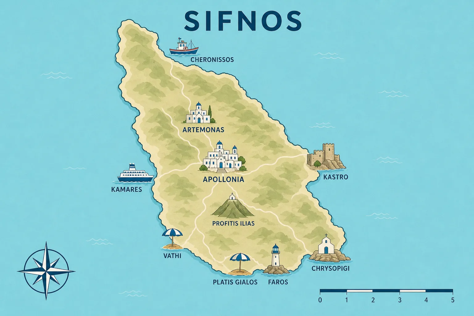 Carte touristique illustrée de Sifnos situant le port de Kamares, Apollonia et Artemonas au centre, Kastro à l'est, les plages de Platis Gialos, Vathi, Faros et Chrysopigi au sud, et Cheronissos au nord