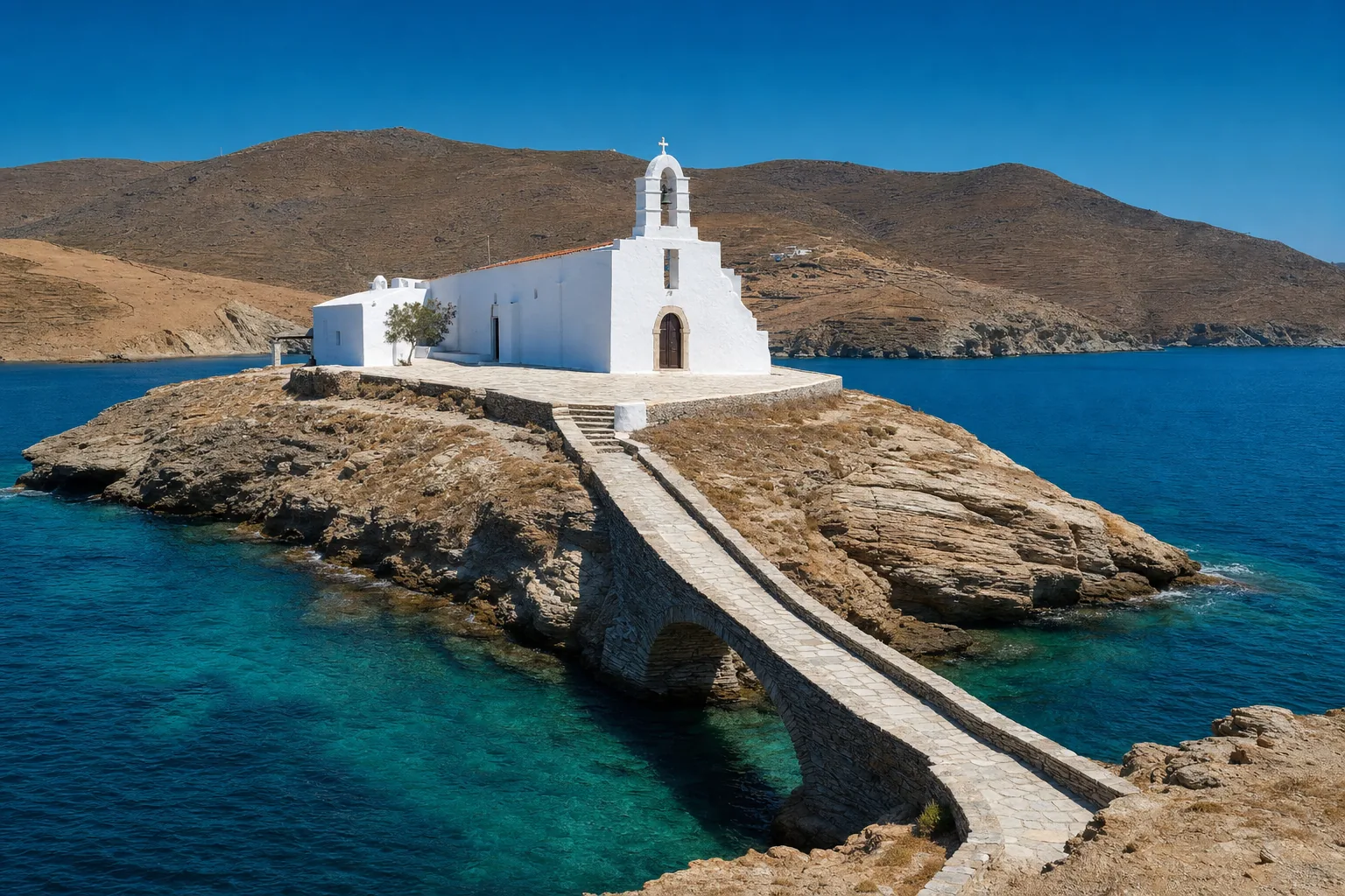 Le monastère blanc de Panagia Chrysopigi sur sa presqu'île rocheuse, relié à la côte par une passerelle, à Sifnos
