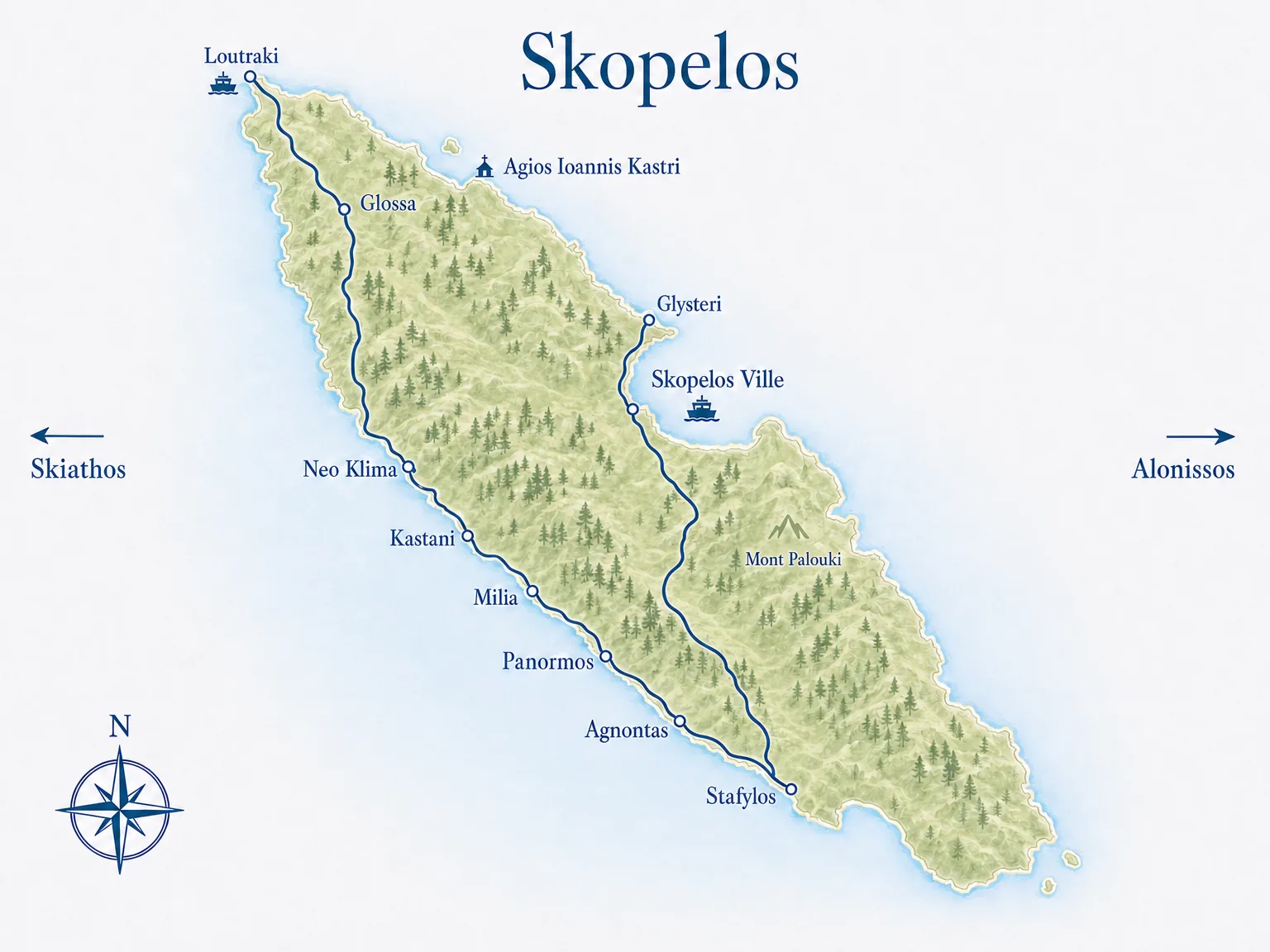 Carte illustrée de Skopelos avec la route principale de Skopelos Ville à Loutraki, les plages de Stafylos, Agnontas, Panormos, Milia, Kastani et Neo Klima, Glossa, la chapelle Agios Ioannis Kastri et le mont Palouki