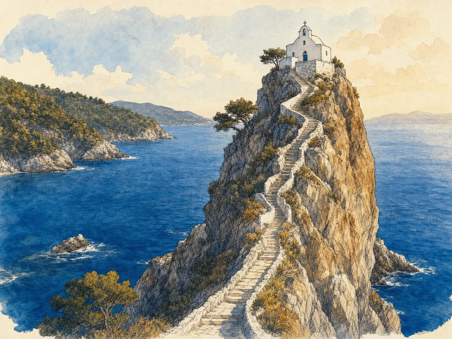 Illustration de la chapelle blanche d'Agios Ioannis Kastri perchée au sommet de son rocher sur la côte nord-est de Skopelos, avec l'escalier taillé dans la roche