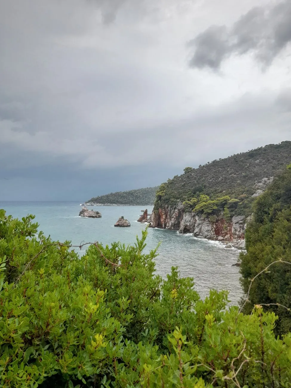 Côte boisée et falaises de Skopelos sous un ciel chargé, avec des rochers isolés dans une mer grise