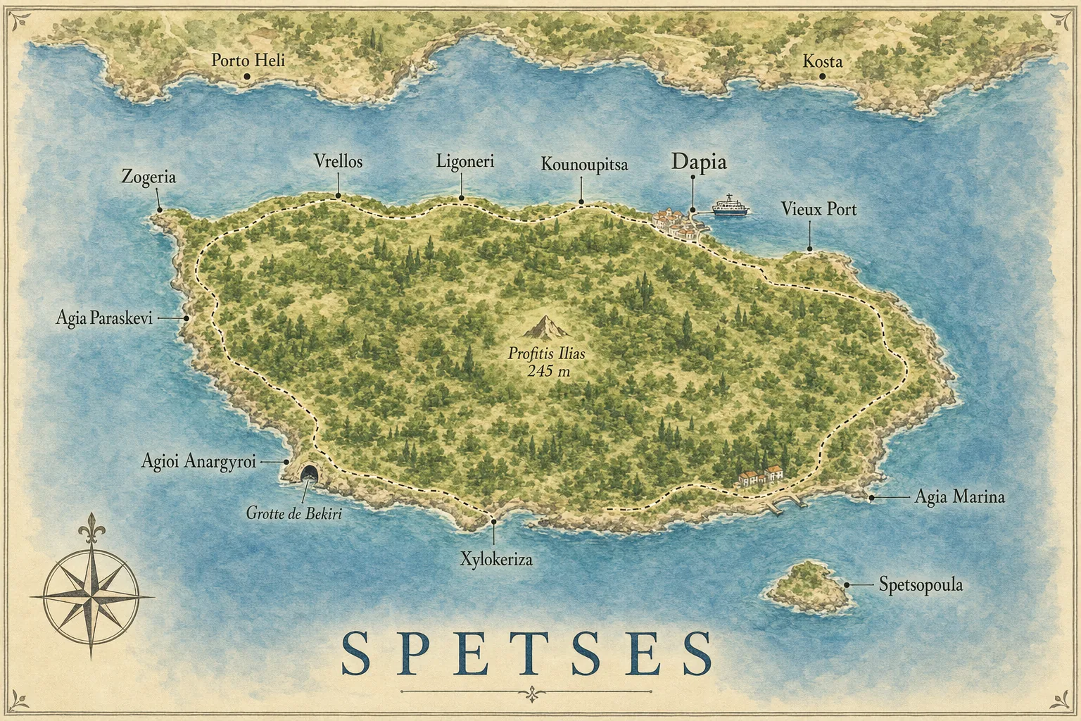Carte touristique illustrée de Spetses situant Dapia et le Vieux Port au nord-est, Kounoupitsa, Ligoneri et Vrellos sur la côte nord, Zogeria et Agia Paraskevi à l'ouest, Agioi Anargyroi et la grotte de Bekiri au sud-ouest, Xylokeriza et Agia Marina au sud, Profitis Ilias au centre, et Kosta et Porto Heli sur le continent