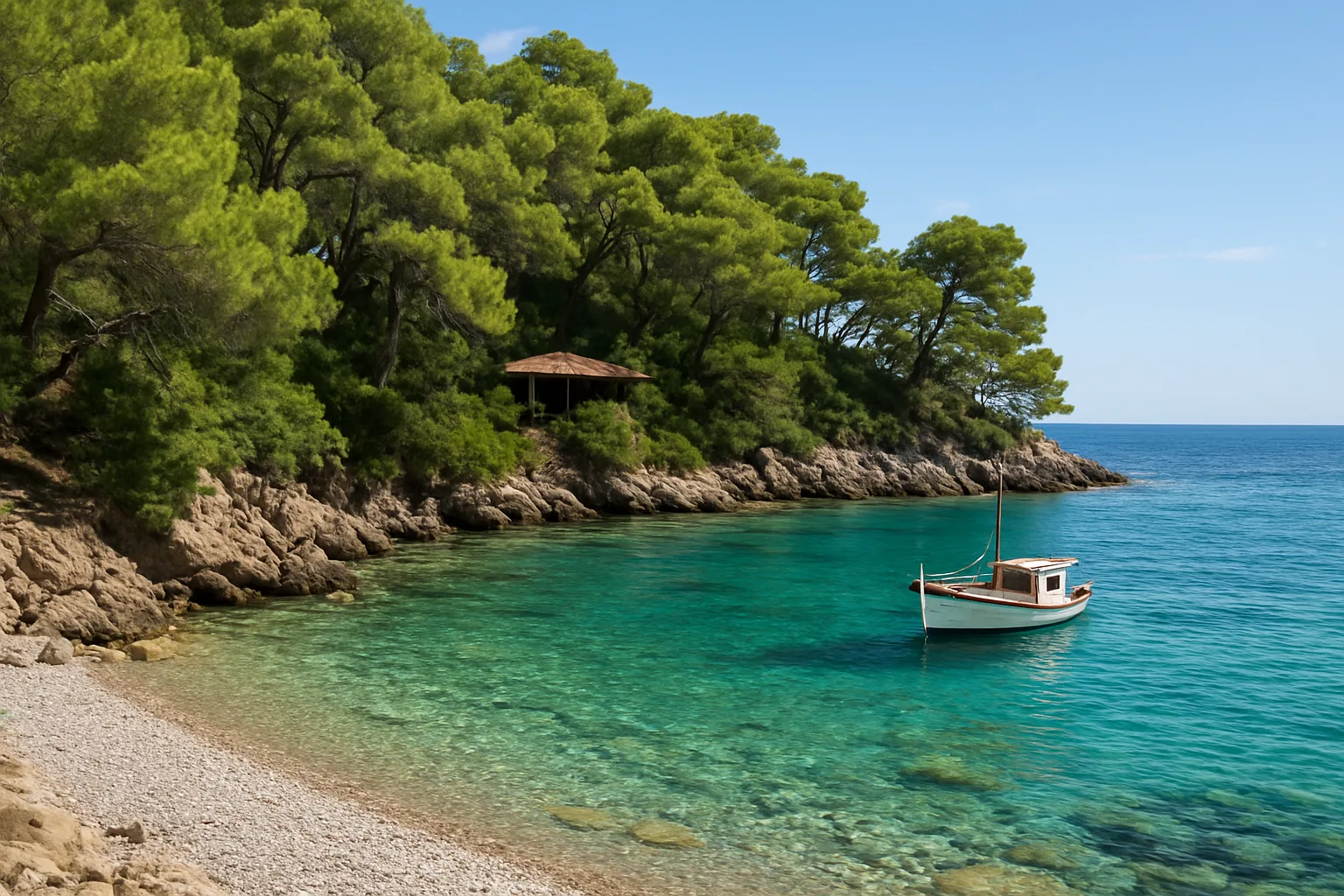 Petite crique de galets sous les pins à Zogeria, sur la pointe nord-ouest de Spetses, avec une eau émeraude transparente