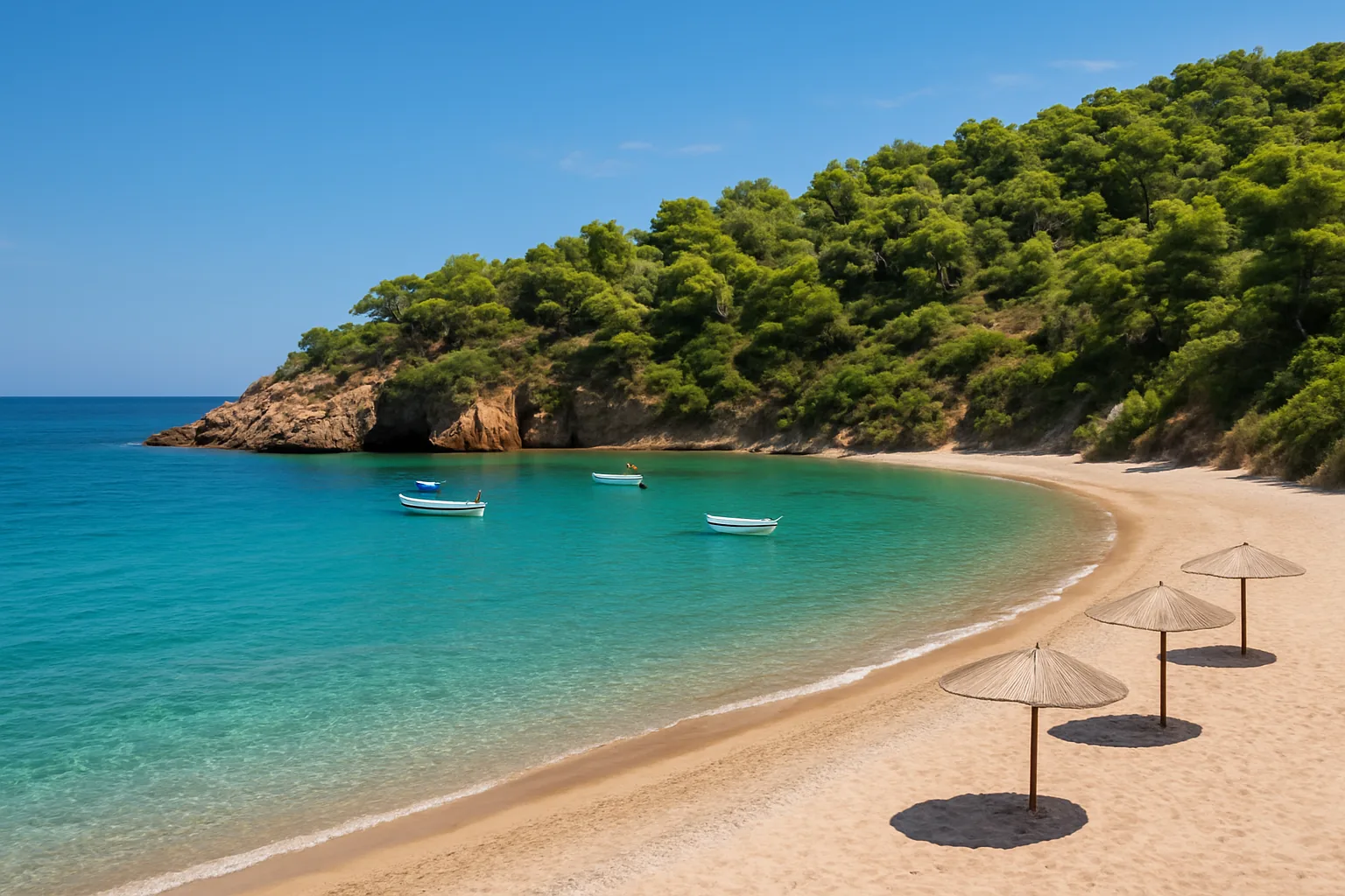 La baie d'Agioi Anargyroi à Spetses, plage de sable et de galets fins en arc de cercle, eau turquoise et collines couvertes de pins