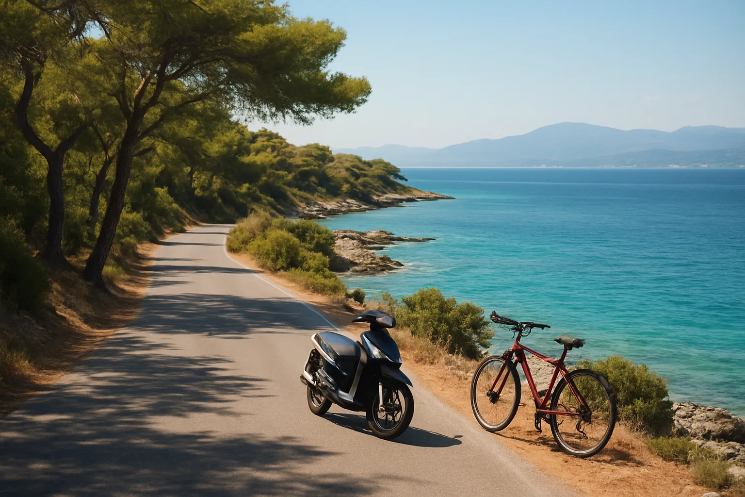 Scooter et vélo garés au bord de la route côtière de Spetses, entre les pins et une mer turquoise, avec les montagnes du Péloponnèse au loin