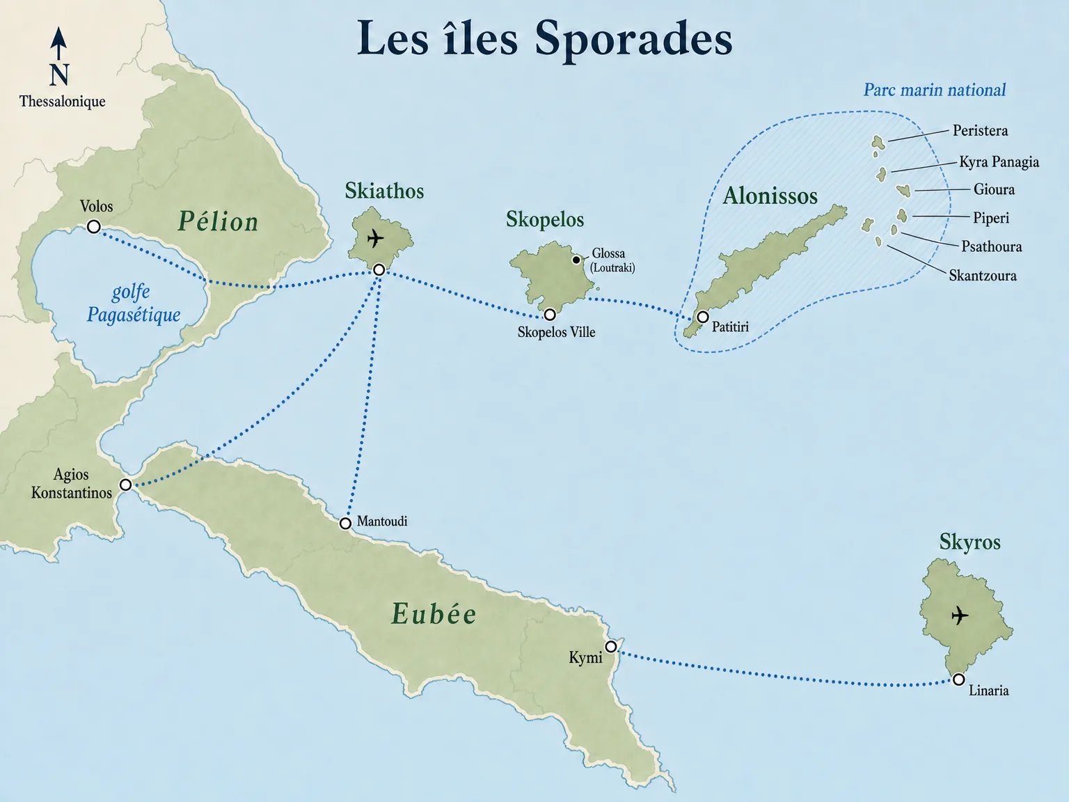 Carte illustrée des îles Sporades : Skiathos, Skopelos, Alonissos, les îlots du parc marin et Skyros, avec les ports de Volos, Agios Konstantinos et Kymi