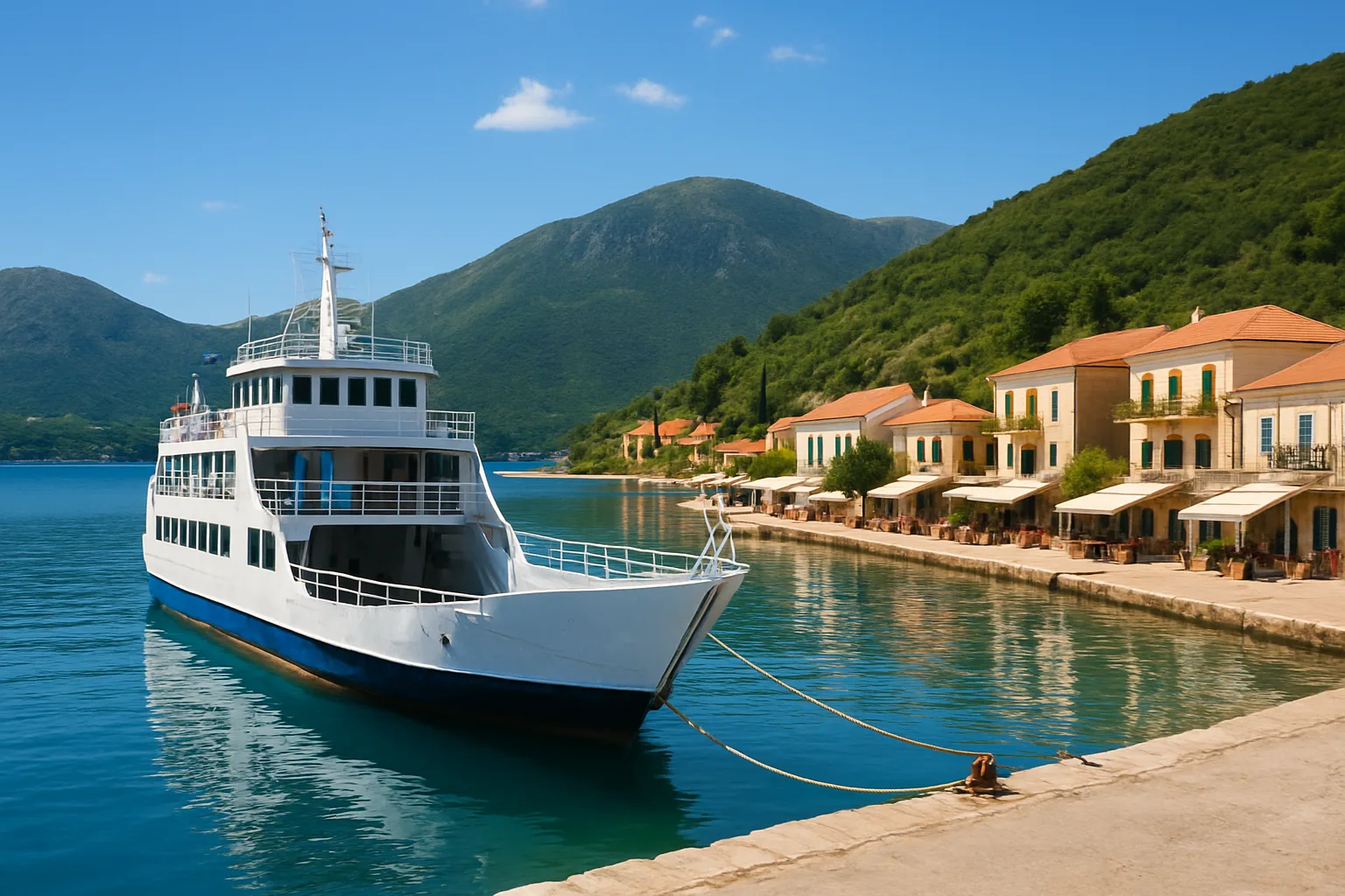 Ferry à quai dans le port de Sami à Céphalonie, montagnes en arrière-plan