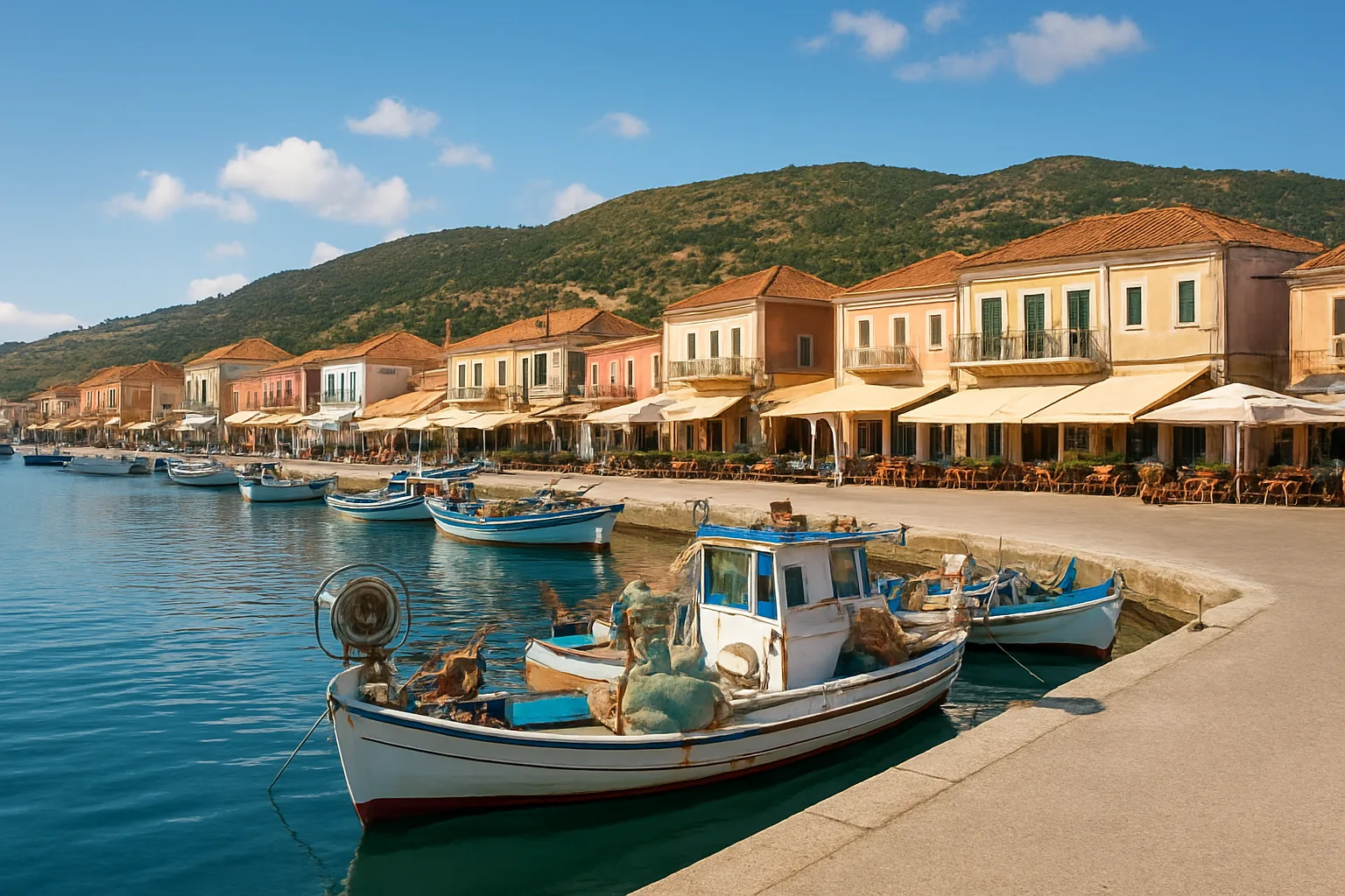 Front de mer de Lixouri sur la péninsule de Paliki à Céphalonie, quai, barques de pêche et terrasses de cafés