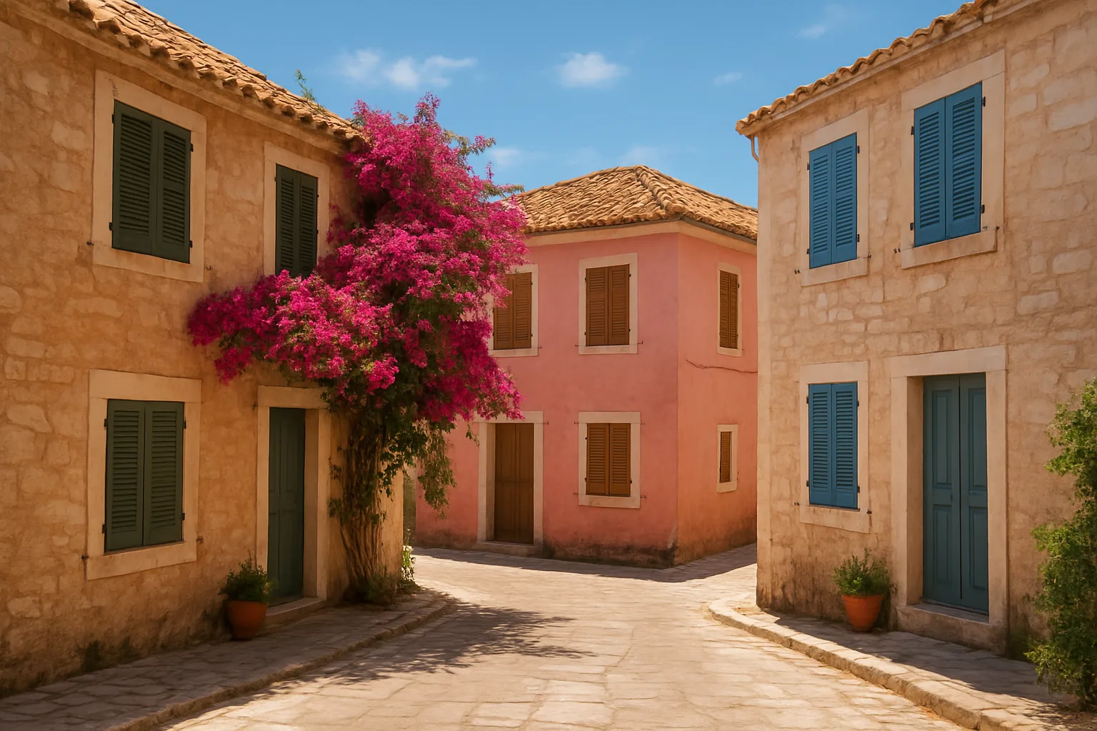 Maisons traditionnelles en pierre aux volets colorés dans un village de Céphalonie