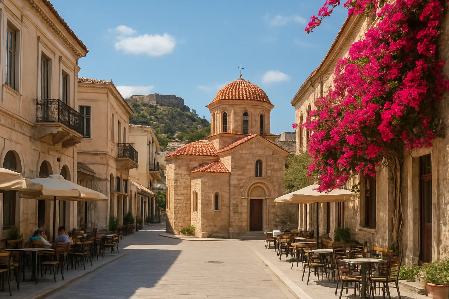 Rue piétonne du centre historique de Kalamata avec une petite église byzantine et la colline du château au fond