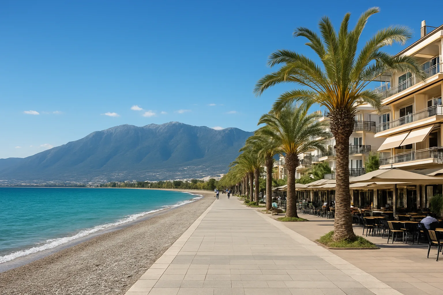 Promenade du front de mer de Kalamata bordée de palmiers, le long de la plage de galets
