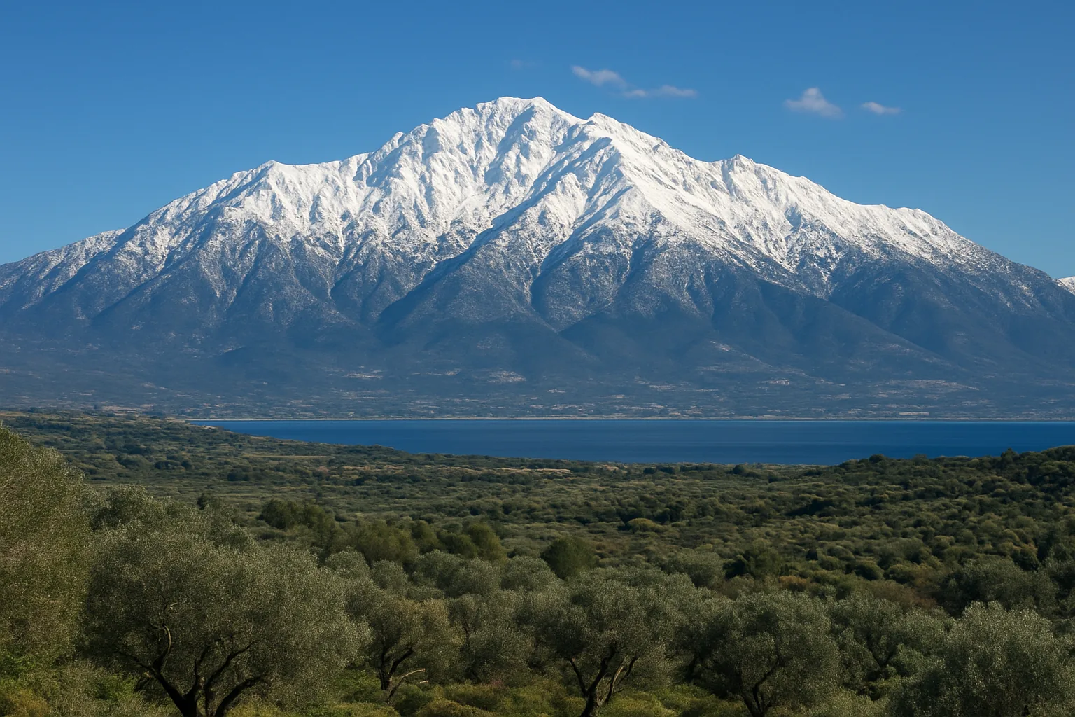 Massif du Taygète enneigé en hiver, au-dessus des oliviers de Messénie et du golfe