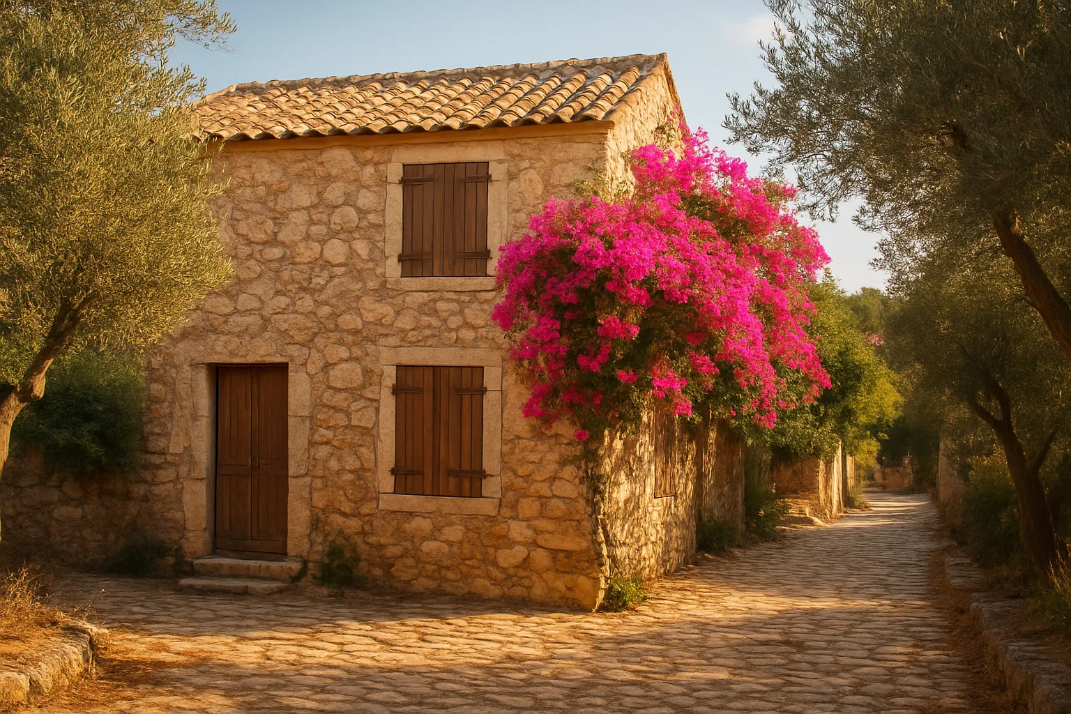 Maison traditionnelle en pierre aux volets de bois et bougainvillier dans un village de Zante