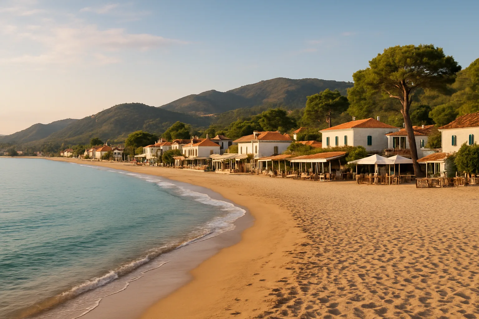 Plage et village côtier aux maisons blanches et toits de tuiles, typique du nord-est de Zante