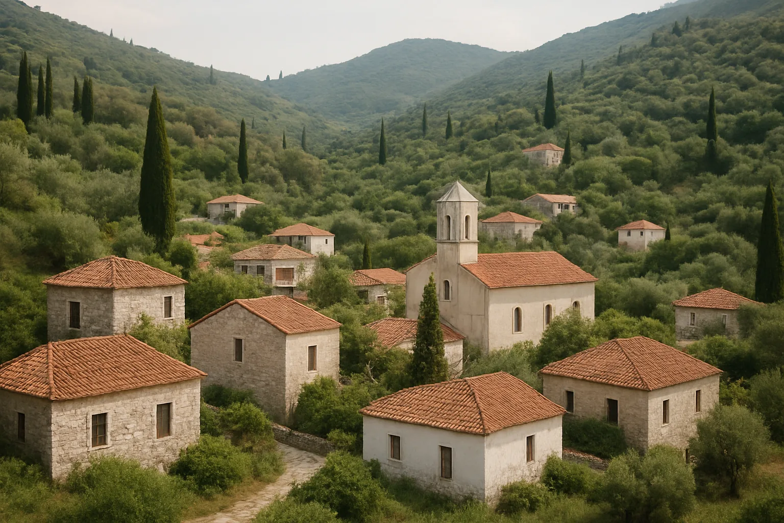 Village de l'intérieur de Zante, maisons de pierre, église à clocher et collines d'oliviers